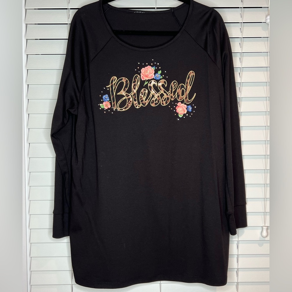 Quacker Factory Blessed Appliqué Raglan Long Sleeve top in black